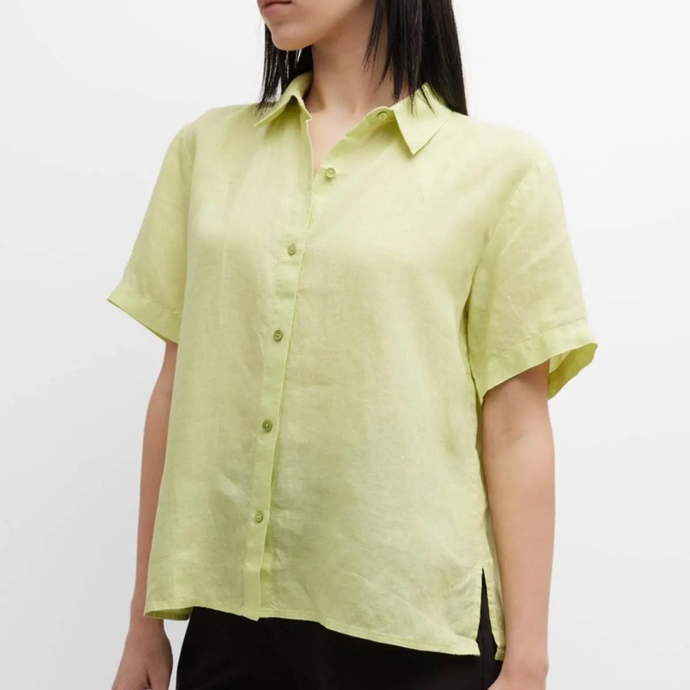 Eileen Fisher Linen Light Lime 🍋🟩 Shiny Buttons Button-Down Shirt-L